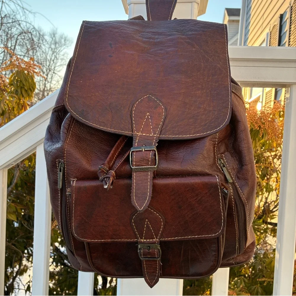 Vintage Leather Medical Bag Backpack Adjustable Straps Interior Lined Dark Brown